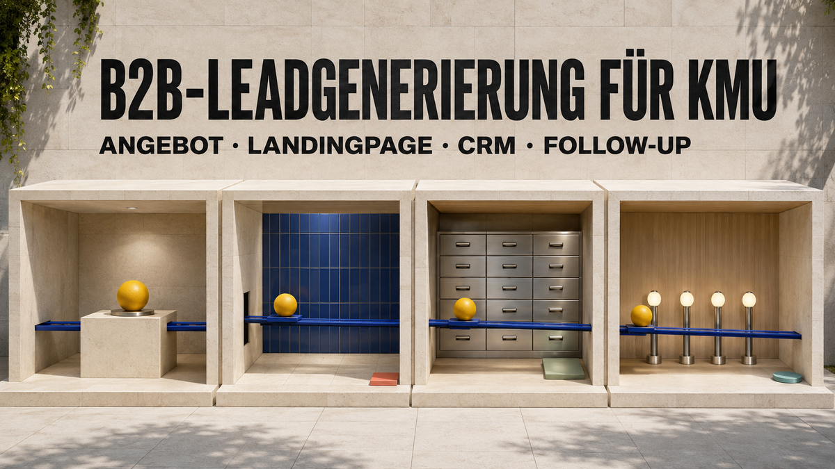 Sonniger Übergabepavillon mit farbigen Stationen als Metapher für Angebot, Landingpage, CRM und strukturiertes B2B-Follow-up