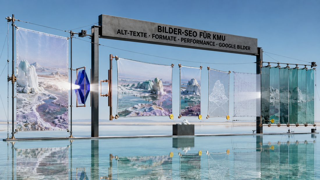 Optisches Bildprüffeld über Wasser mit Quellbild, responsiven Projektionen und gelben Prüfpunkten für Bilder-SEO