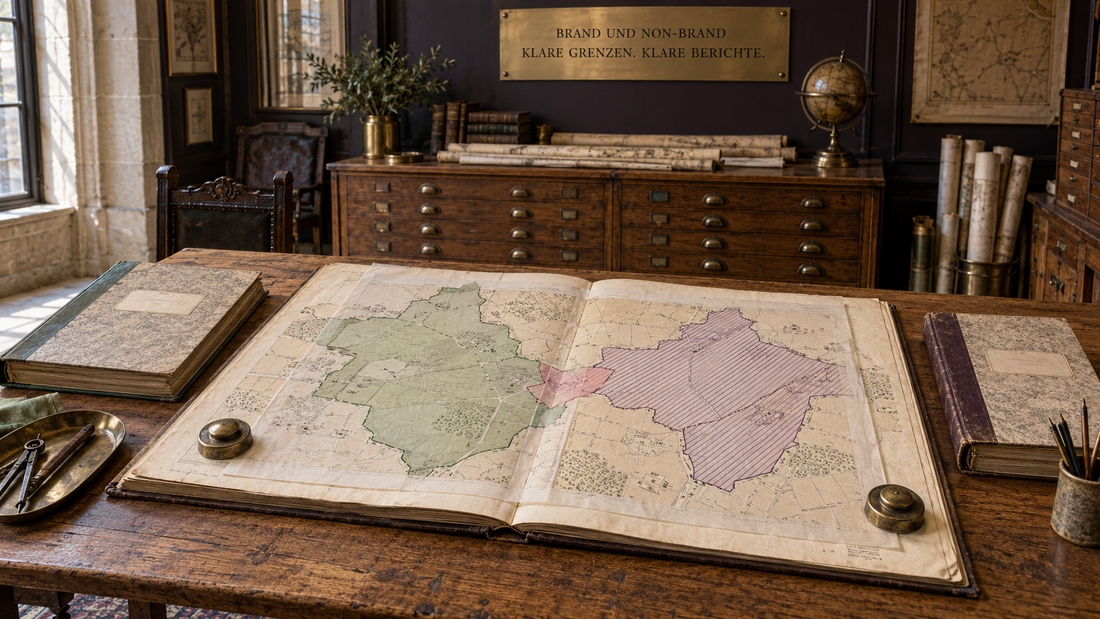 Historisches Katasterfolio mit deckungsgleichen Kartenebenen und getrennten Registern als Bild für die Abgrenzung von Brand- und Non-Brand-Kampagnen