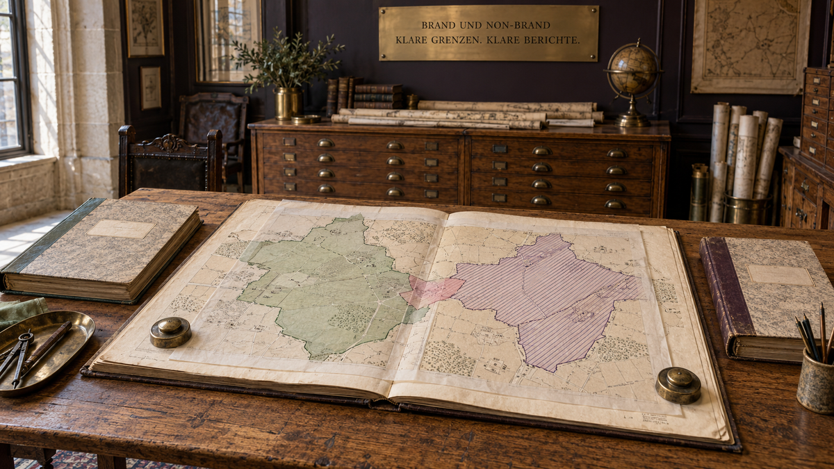 Historisches Katasterfolio mit deckungsgleichen Kartenebenen und getrennten Registern als Bild für die Abgrenzung von Brand- und Non-Brand-Kampagnen
