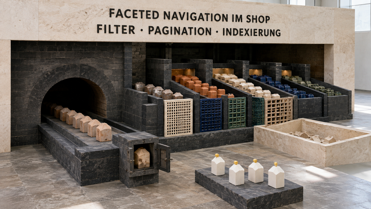 Keramische Prüfkammer mit modularen Filterformen, Paginierungsstufen und gelben Freigabemarken für Faceted Navigation