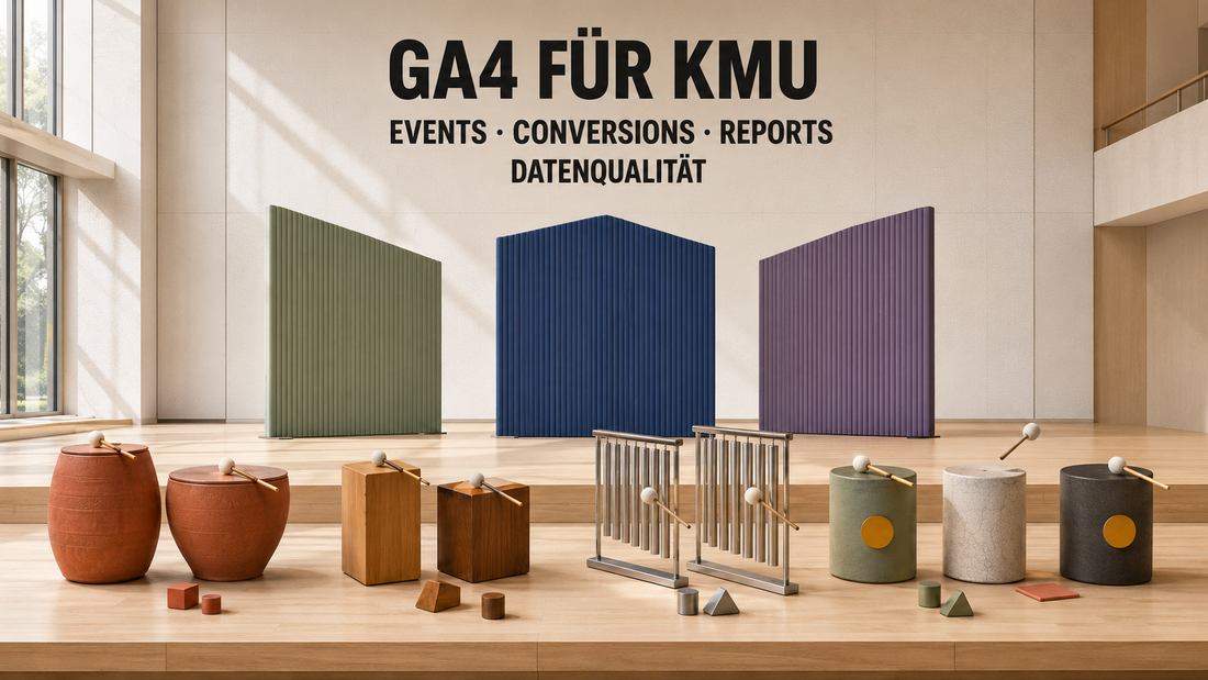 Editoriale Percussion-Bühne mit abgestimmten Klangkörpern als Metapher für GA4-Events, Schlüsselereignisse und Datenqualität