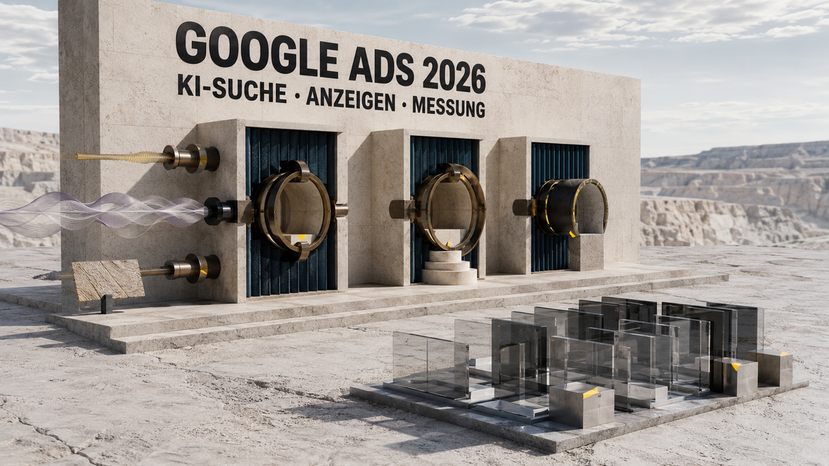Architektonische Resonanzhalle mit Suchsignalen, Messringen und gelben Freigabepunkten für Google Ads 2026