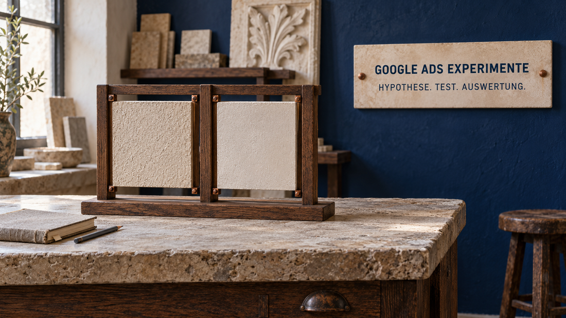 Zwei vergleichbare Materialproben in einer historischen Architekturwerkstatt mit gemeinsamem Prüfrahmen und Beobachtungsjournal als Bild für sorgfältig geplante Google-Ads-Experimente