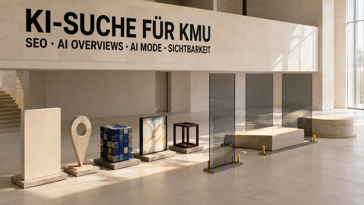 Helle architektonische Quellenhalle mit Inhaltsmodulen, transparenten Prüföffnungen und getrennten Flächen für AI Overviews und AI Mode
