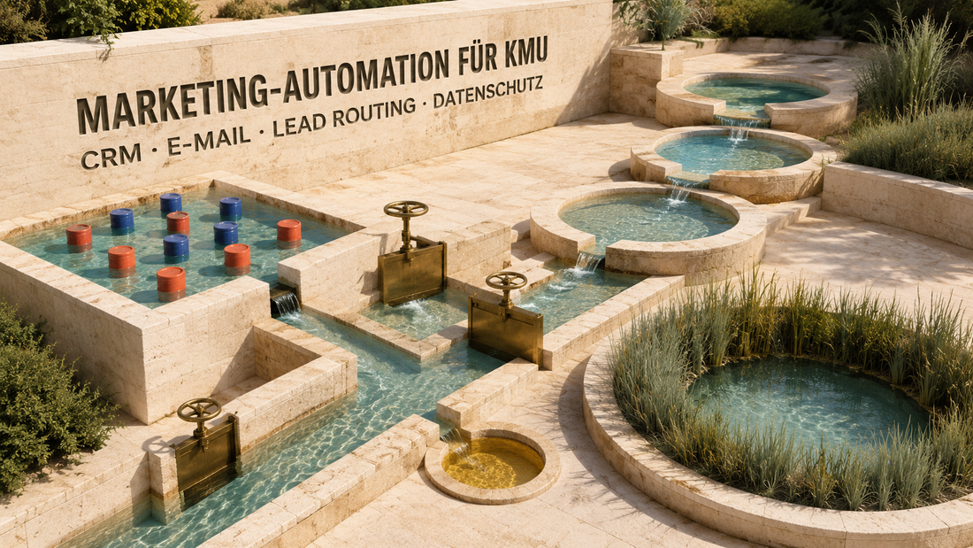 Terrassierter Wassergarten mit farbigen Schleusen als Metapher für CRM, E-Mail-Automation, Lead Routing und Datenschutz