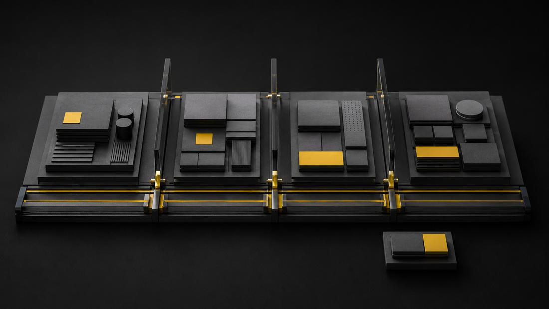Modulares Graphitmodell mit gelben Markierungen zur Verteilung eines Marketingbudgets auf mehrere Kanäle