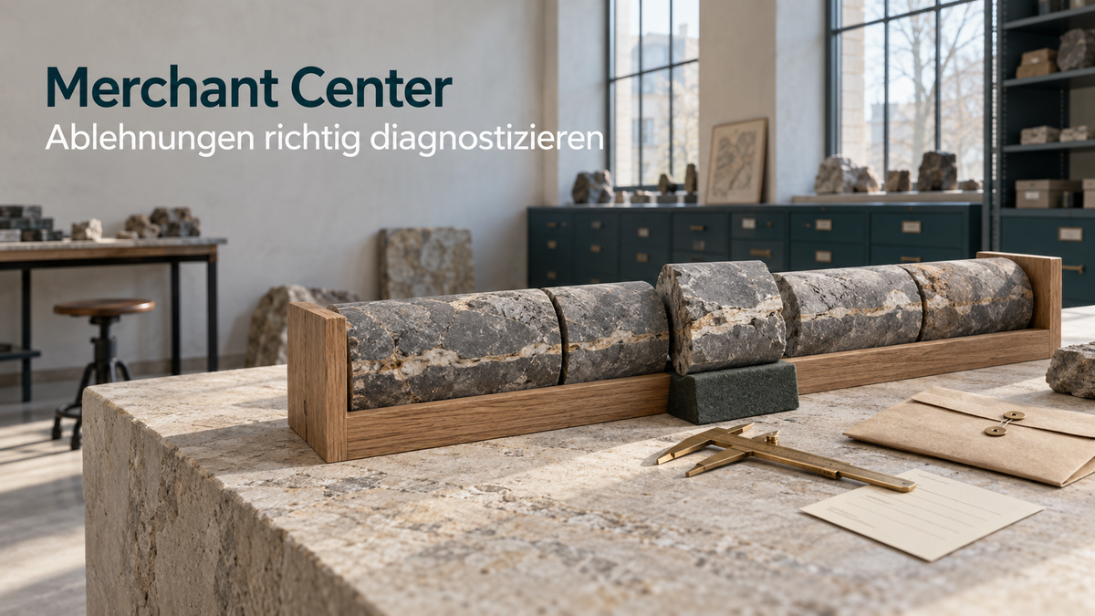 Geologischer Prüftisch mit geöffnetem Bohrkern als Metapher für die beleggestützte Diagnose von Merchant-Center-Ablehnungen