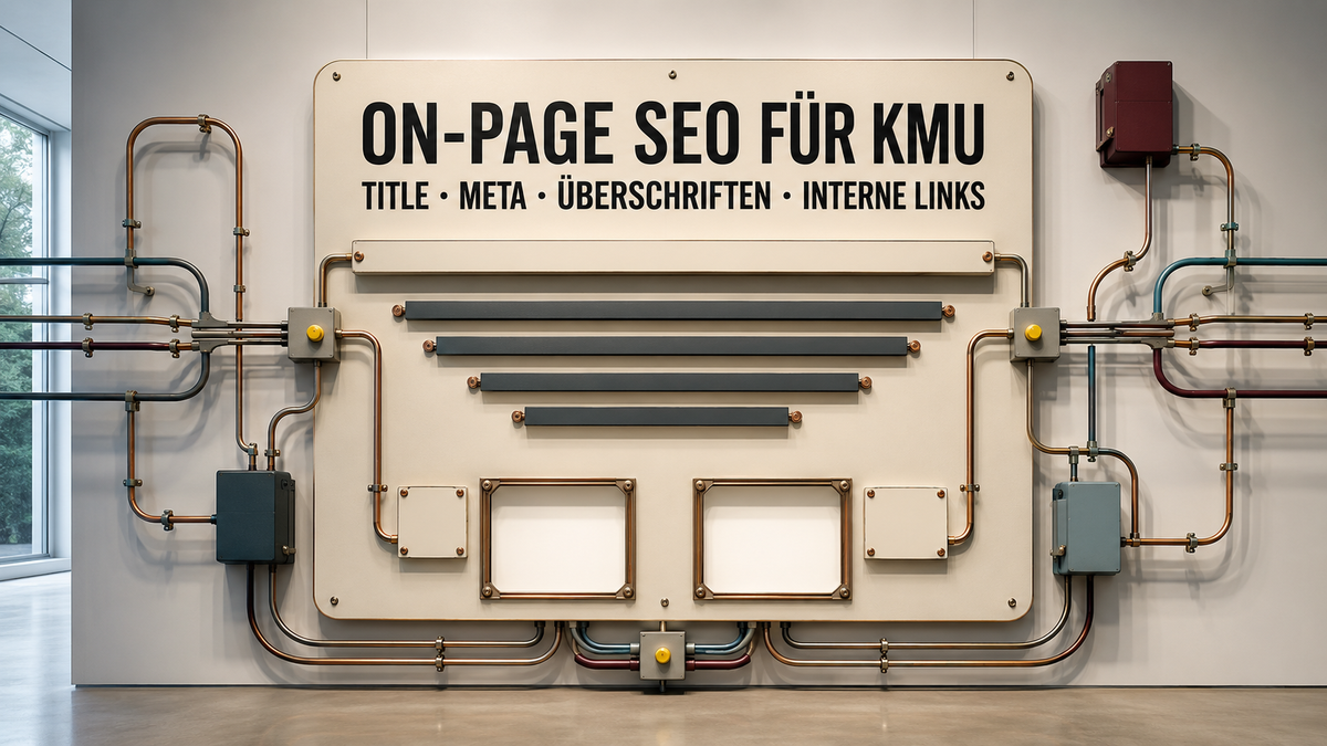 Breite Signalwand mit Title-, Meta-, Überschriften-, Bild- und Linkebenen sowie gelben Markierungen für die On-Page-Prüfung