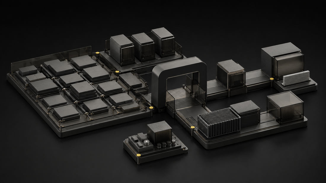 Modulares Shop-System aus Graphit mit gelben Prüfpunkten für Katalog, Checkout und Betrieb