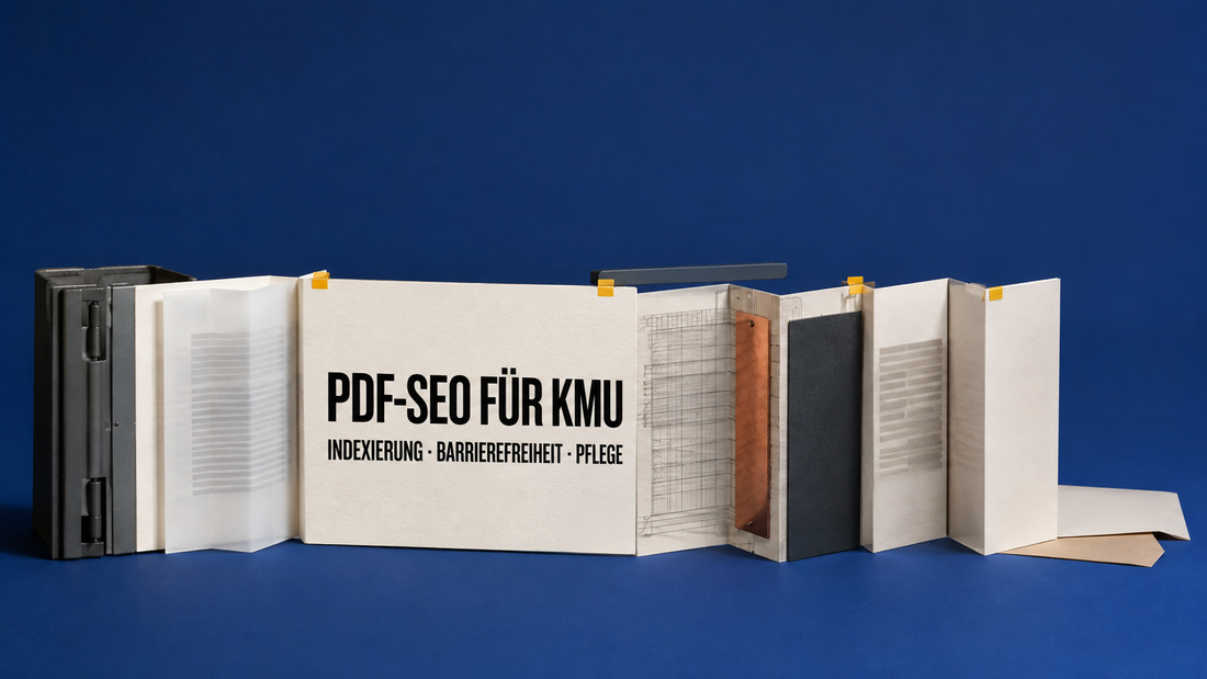 Gefaltete elfenbeinfarbene Dokumentbahn mit Textschicht, Metadatenlaschen und gelben Prüfmarken für PDF-SEO