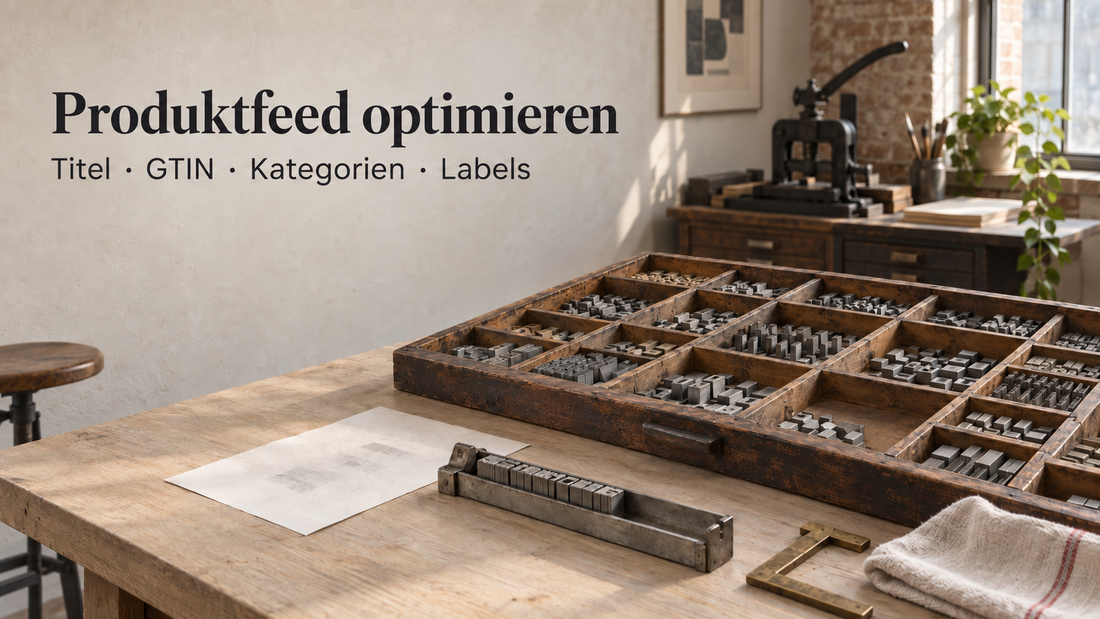 Typografische Setzkasse mit geordneten Drucklettern als Bild für präzise Produkttitel, GTIN, Kategorien und Labels