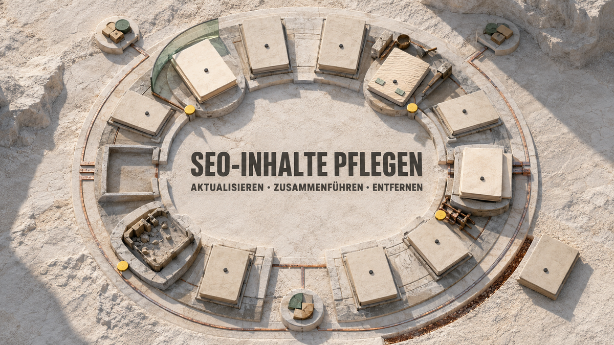 Helle Konservierungsrotunde mit URL-Platten für Erhalt, Aktualisierung, Zusammenführung und geordnete Entfernung von SEO-Inhalten