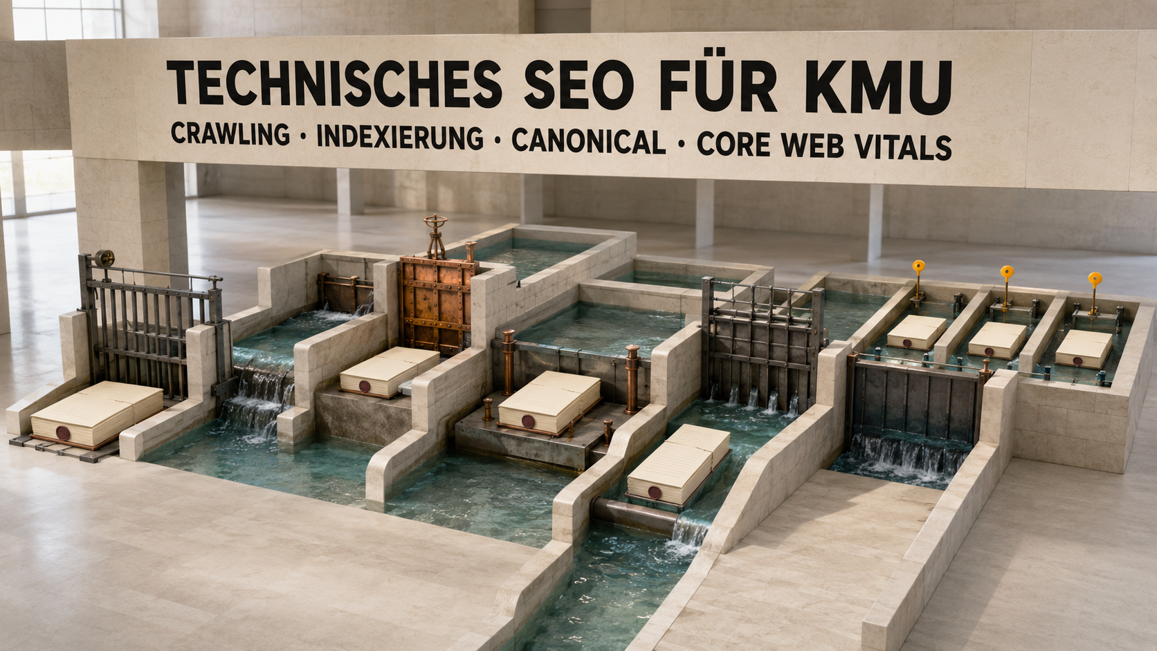 Architektonische Schleusenanlage mit URL-Trägern, Prüfkammern und gelben Markierungen für bestätigte technische Zustände