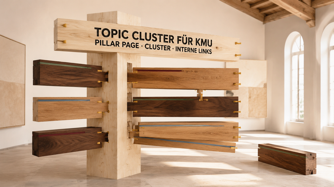 Helle Holzrahmen-Installation mit zentraler Pillar Page, verbundenen Cluster-Elementen und sichtbaren gelben Verbindungskeilen