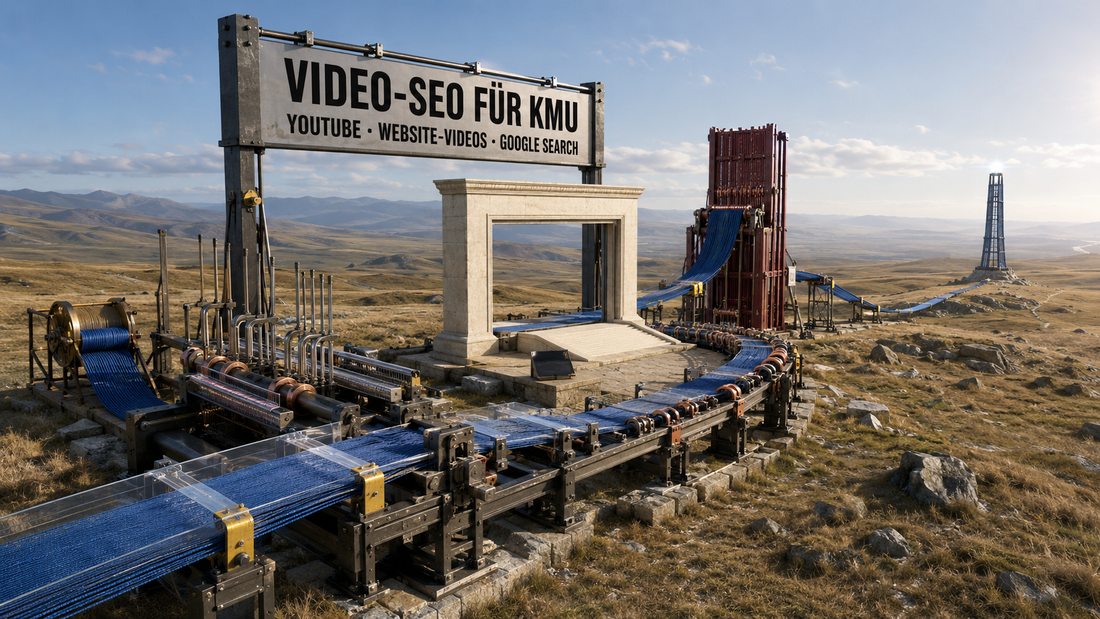 Monumentaler Webstuhl mit blauem Signalband, Zeitmarken und drei Ausspielwegen für YouTube, Website-Videos und Google Search