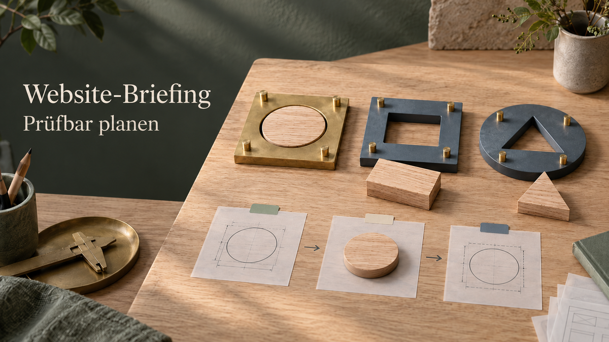 Werkbank mit passgenauen Prüfschablonen und beschrifteten Anforderungskarten als Sinnbild für ein überprüfbares Website-Briefing