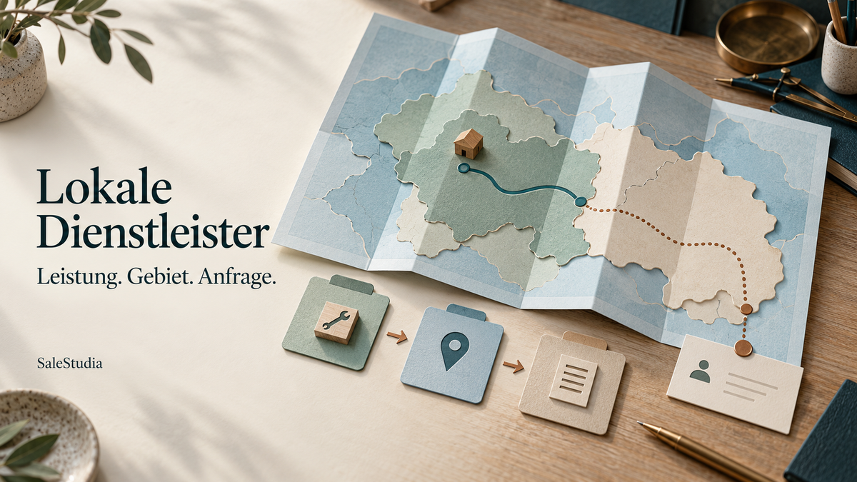 Gefalteter Serviceatlas mit Gebietsgrenzen, Prüfrouten und Anfragekarten für die Website eines lokalen Dienstleisters