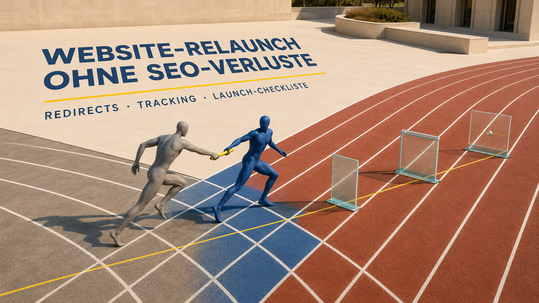 Editoriale Staffelübergabe auf einer farbigen Laufbahn als Metapher für Redirects, Tracking und kontrollierten Website-Relaunch