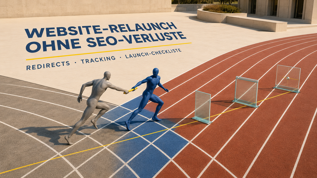 Editoriale Staffelübergabe auf einer farbigen Laufbahn als Metapher für Redirects, Tracking und kontrollierten Website-Relaunch